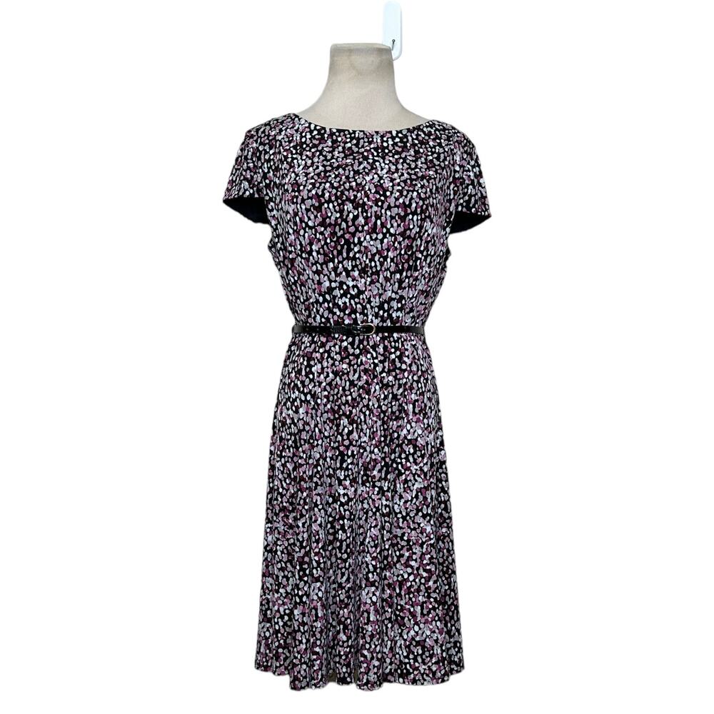 Eliza J black pink confetti print cap sleeves belted dress size 12P